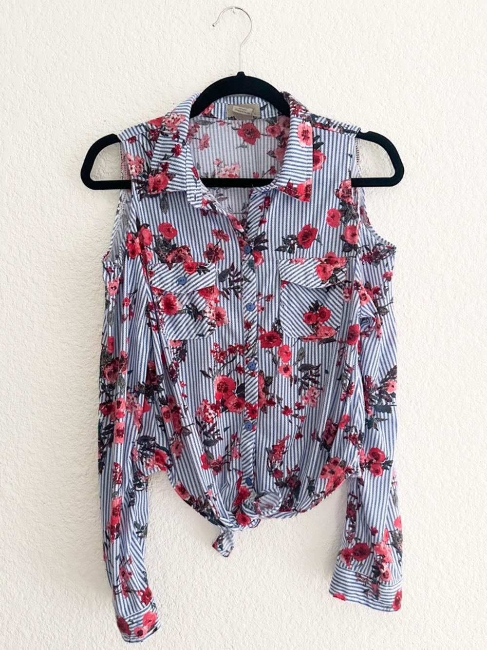 Passport Blue & Red Striped Floral Cold-Shoulder Button-Down